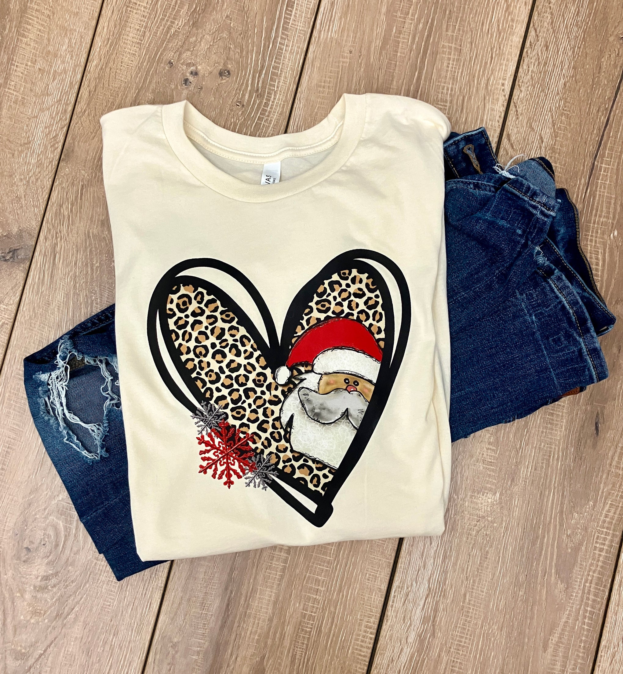 CHRISTMAS LEOPARD SANTA HEART TEE AND SWEATSHIRT