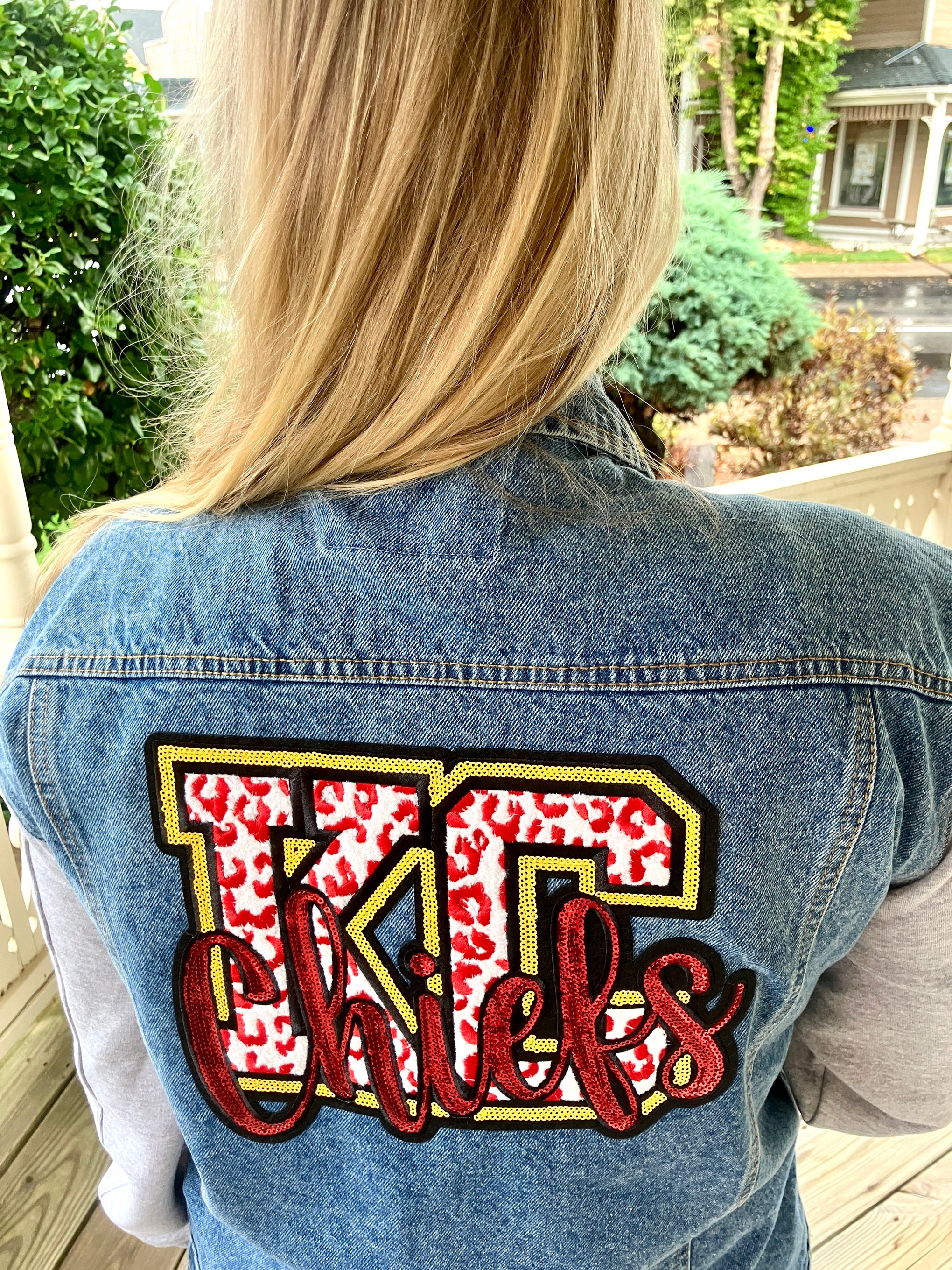 JEAN JACKET KC CHIEFS LEOPARD PATCH