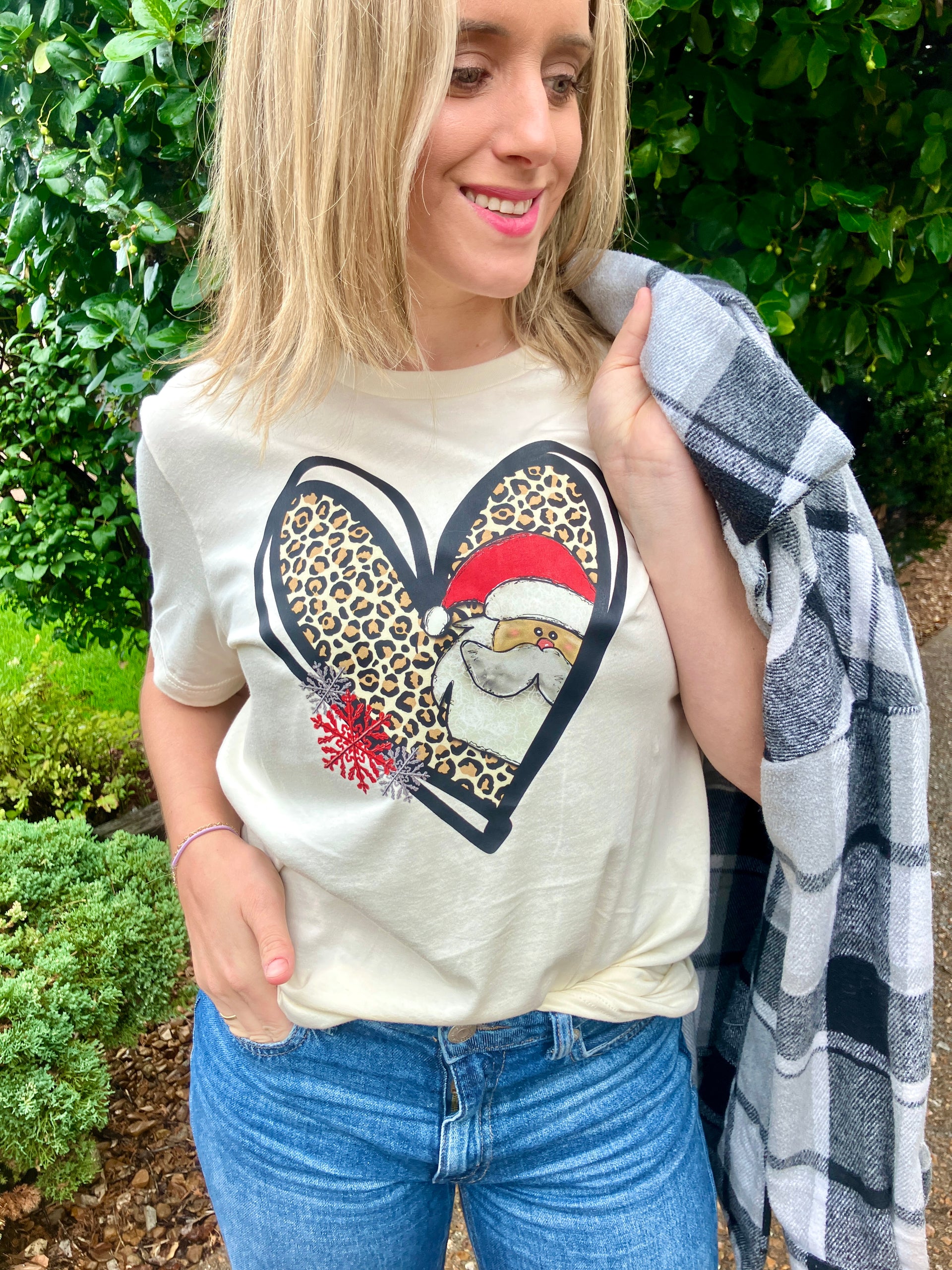 CHRISTMAS LEOPARD SANTA HEART TEE AND SWEATSHIRT