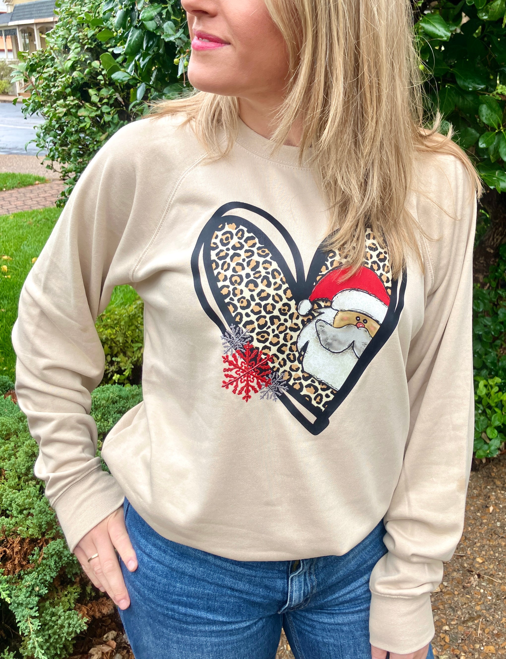CHRISTMAS LEOPARD SANTA HEART TEE AND SWEATSHIRT
