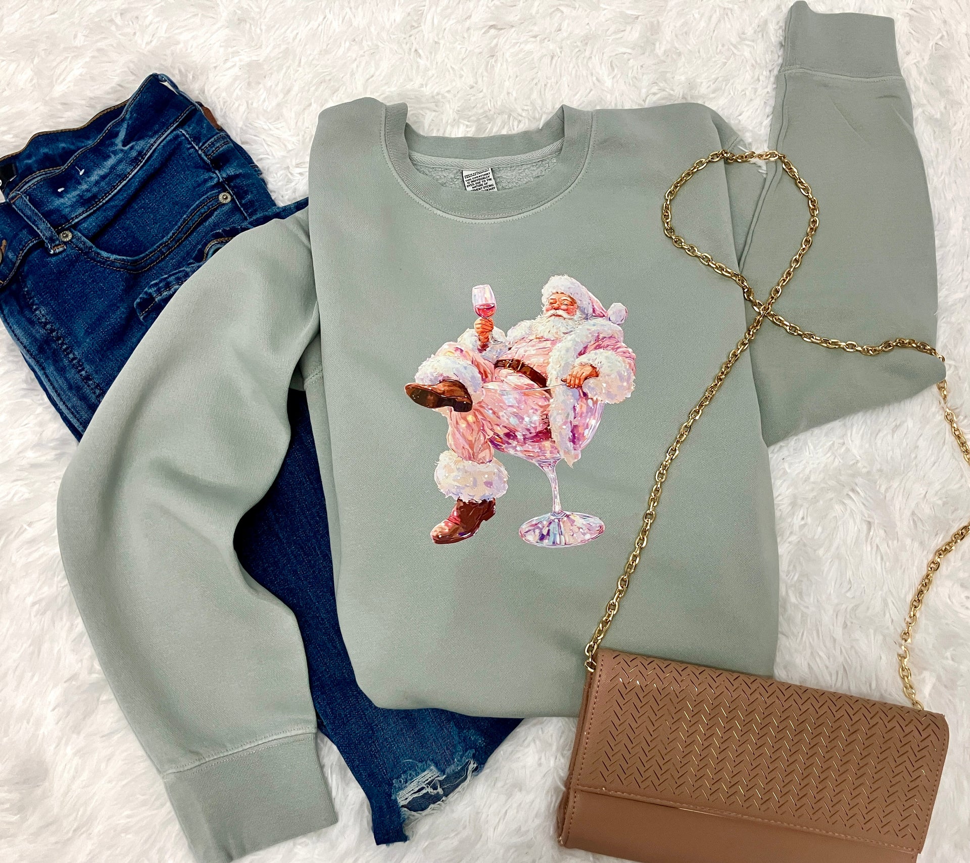 WINE GLASS PINK SANTA SWEATSHIRT