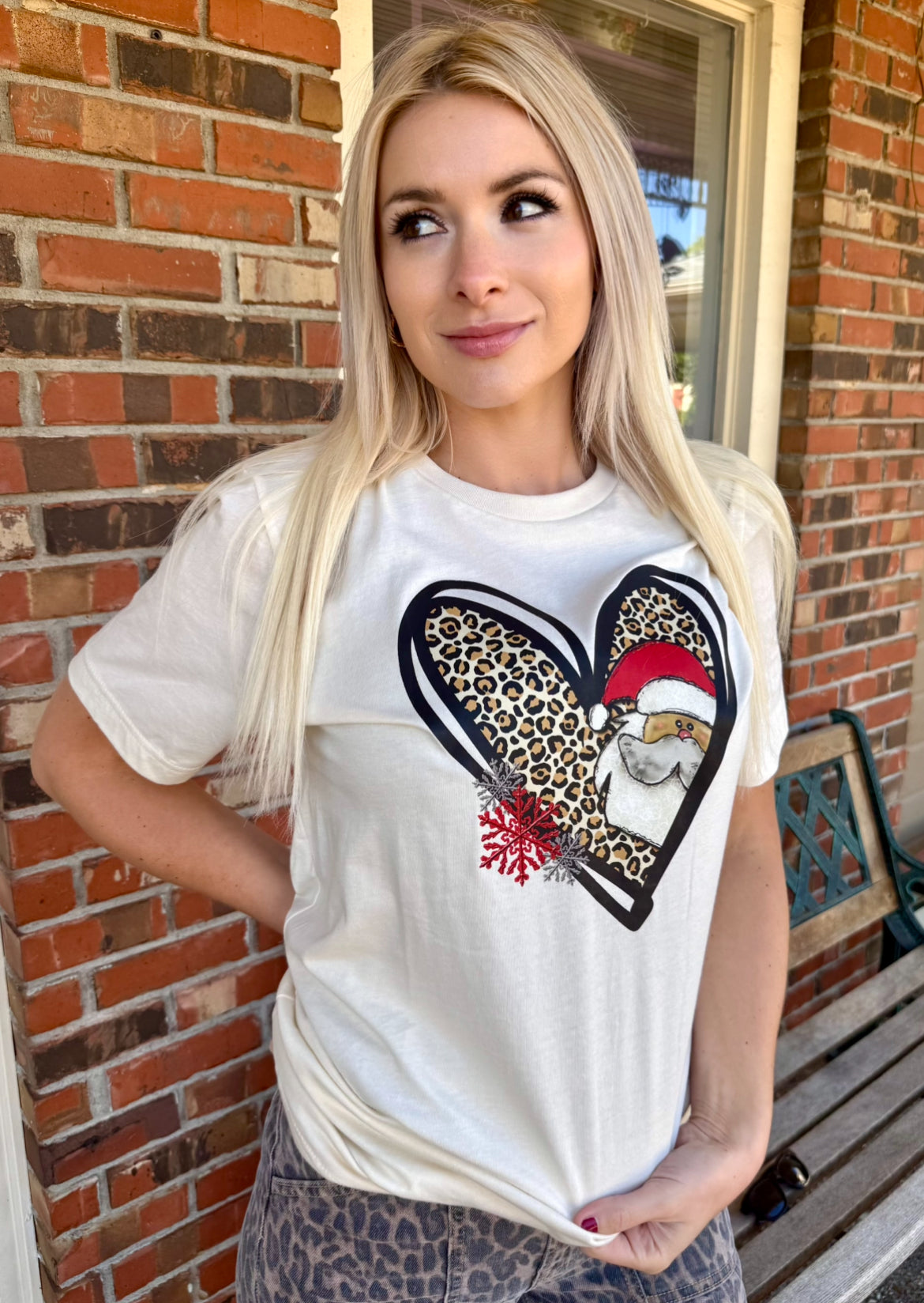 CHRISTMAS LEOPARD SANTA HEART TEE AND SWEATSHIRT