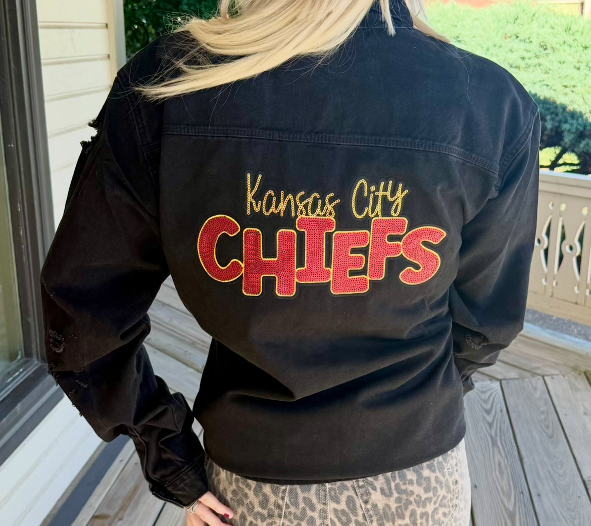 BLACK JEAN JACKET KANSAS CITY CHIEFS PATCH