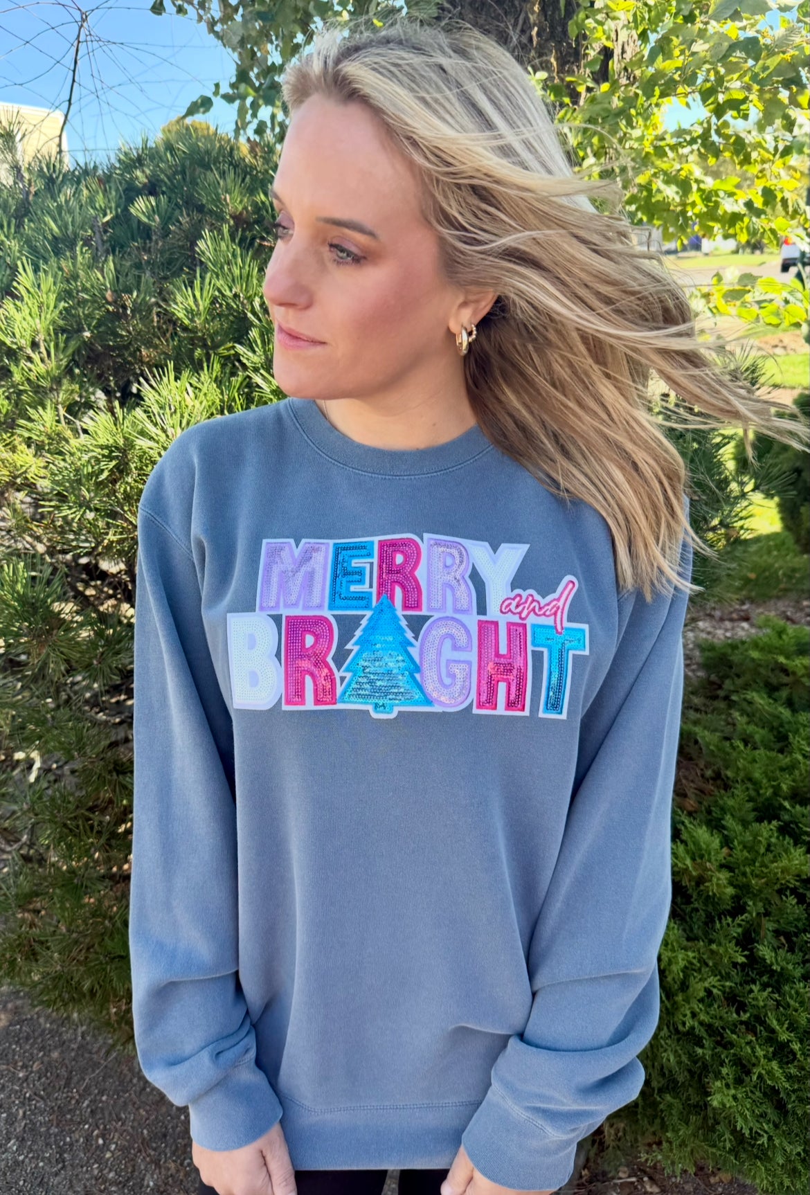 MERRY AND BRIGHT SEQUIN PATCH SWEATSHIRT