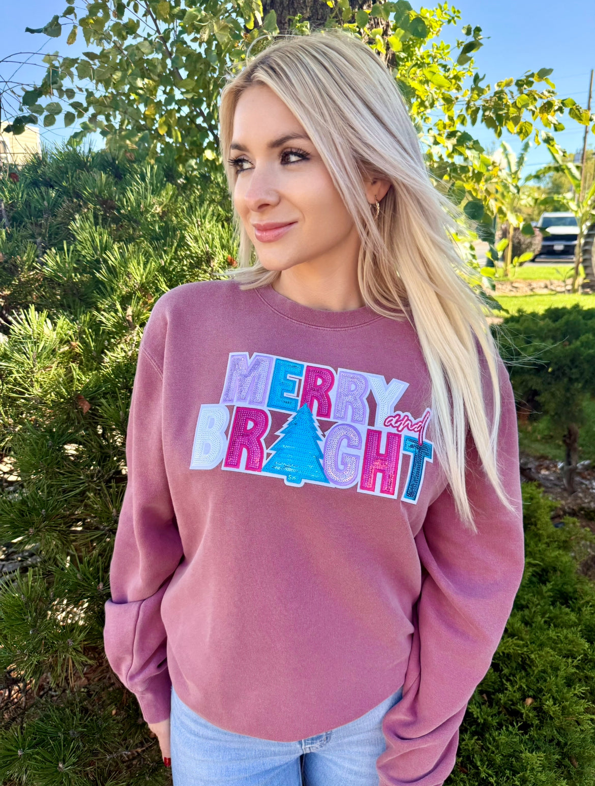 MERRY AND BRIGHT SEQUIN PATCH SWEATSHIRT