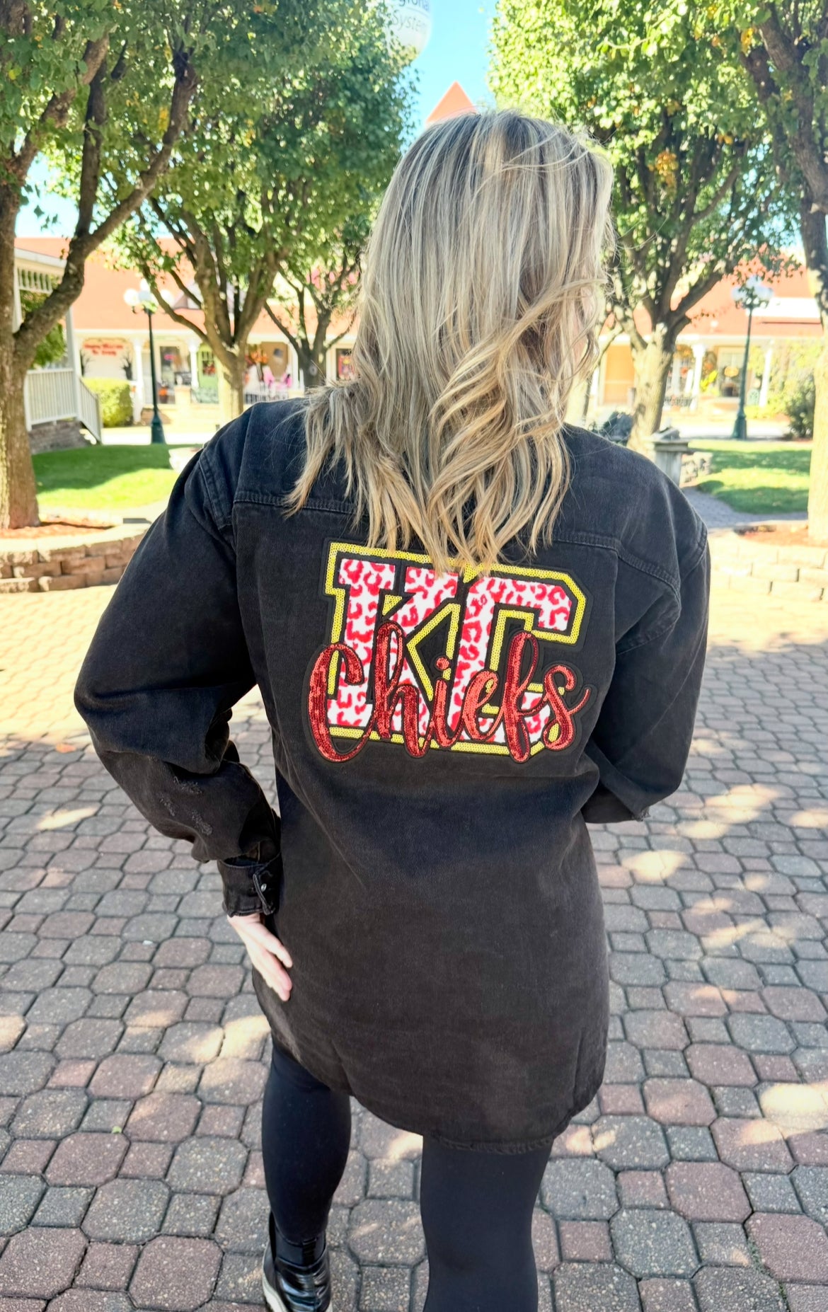 BLACK JEAN JACKET KC CHIEFS LEOPARD PATCH