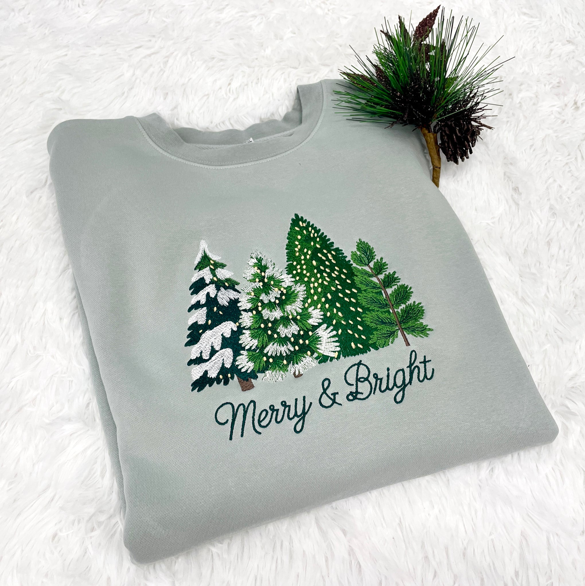MERRY & BRIGHT EMBROIDERED TREE SWEATSHIRT