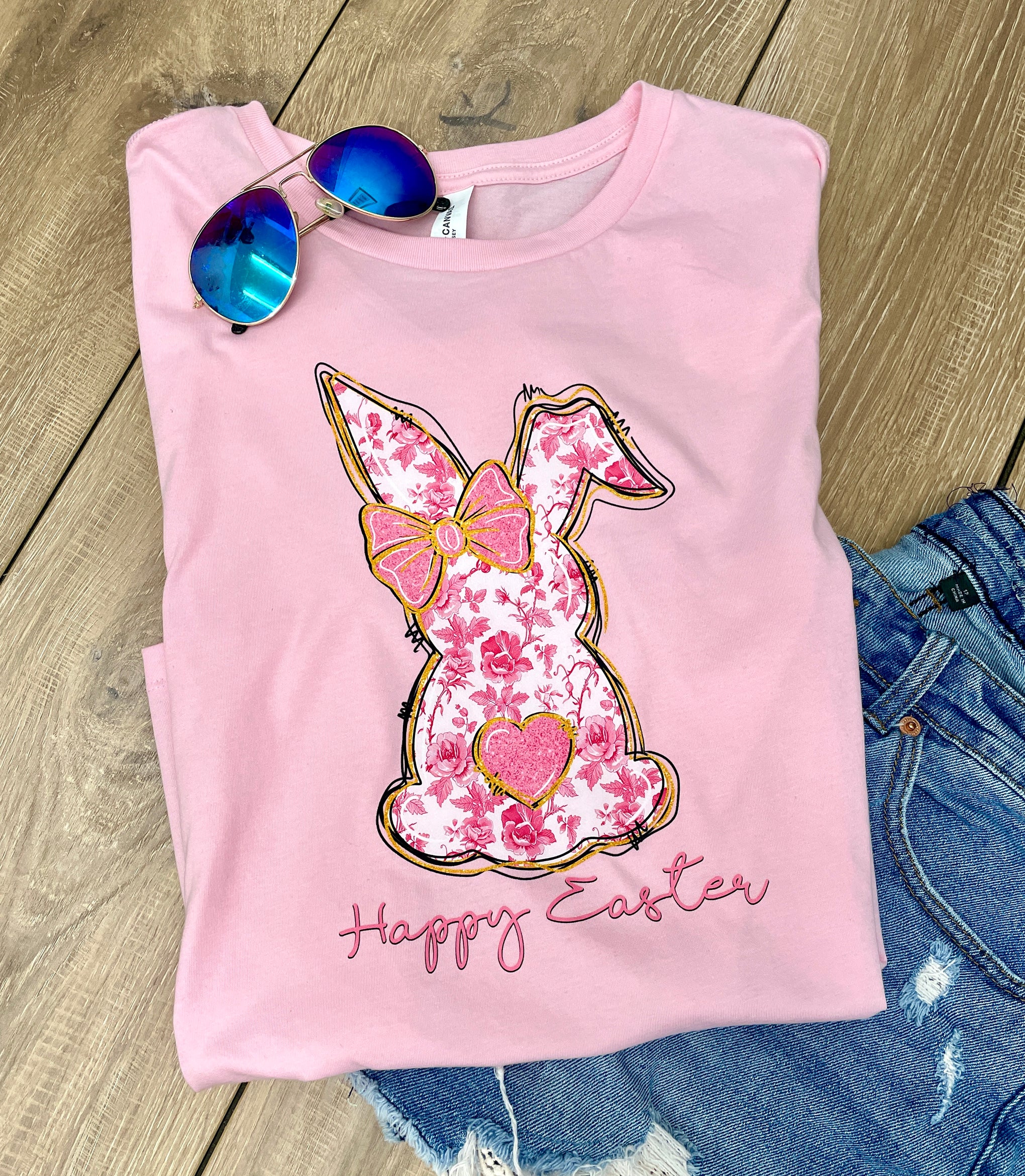 FLORAL PINK AND WHITE BUNNY HAPPY EASTER TEE