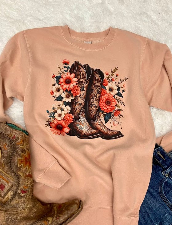 FLORAL BOOT PEACH SWEATSHIRT