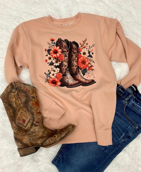 FLORAL BOOT PEACH SWEATSHIRT