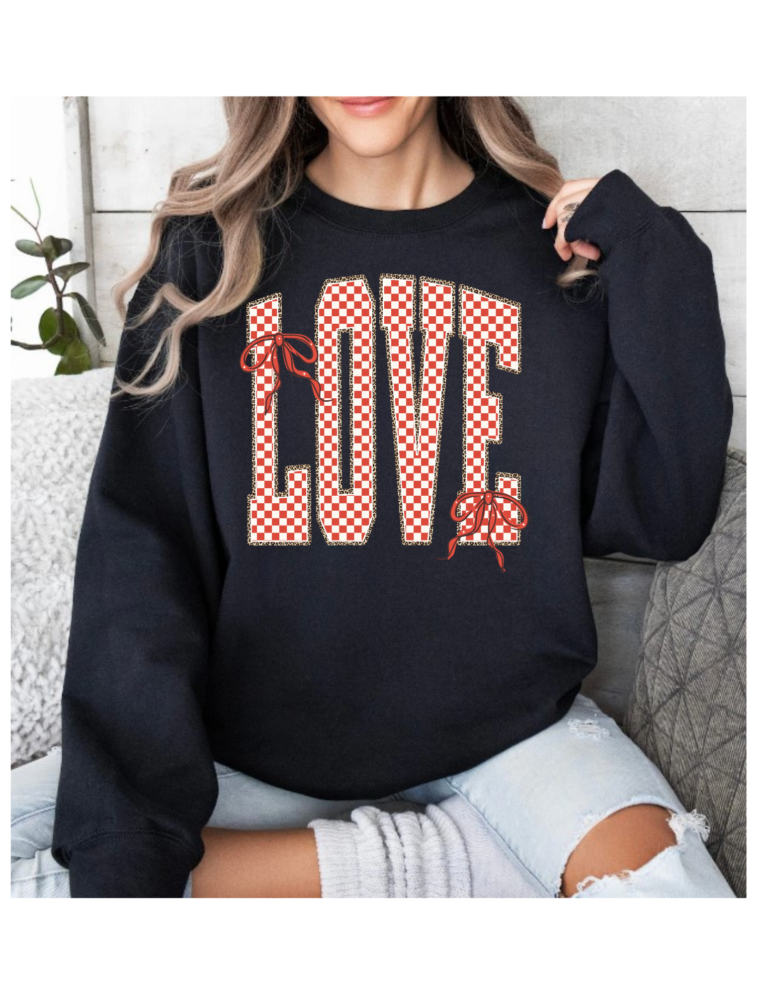 LOVE RED & WHITE CHECKER BLACK SWEATSHIRT